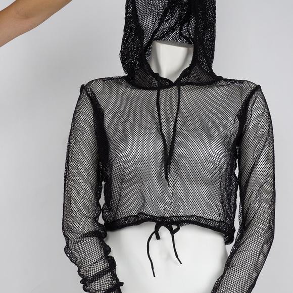Sheer Mesh Crop Top Hoodie longs sleeves - Picture 4 of 5